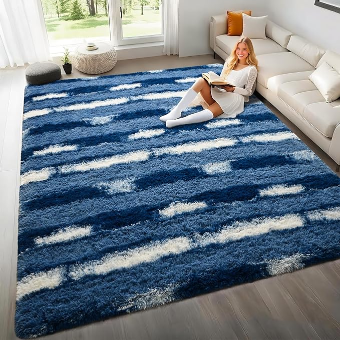 6x9 Feet Area Rugs for Living Room Bedroom,Blue and White Machine Washable Soft Fluffy Shaggy Indoor Rug, Floor Carpet for Girls Boys Kids, Dorms, Nursery Rooms, Home Decor Aesthetic