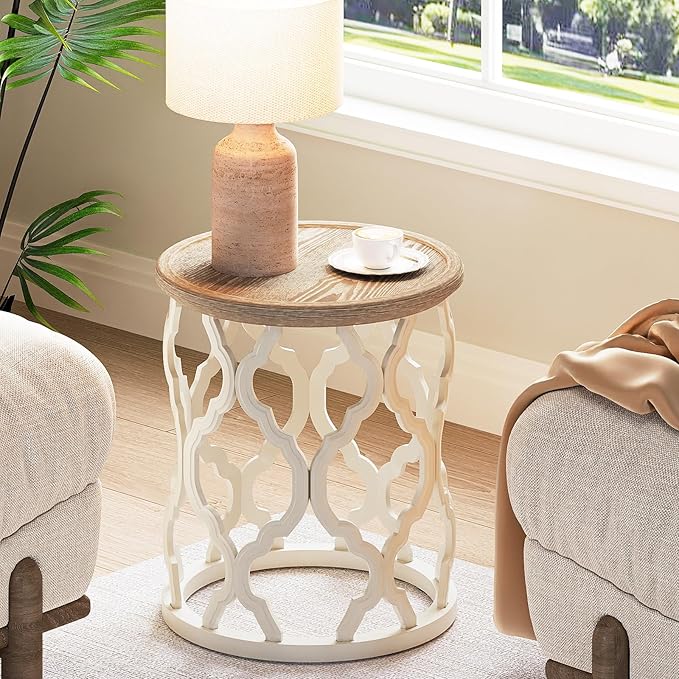 karlott Farmhouse End Table, 18.5'' French Country Round Side Table, Distressed Tray Top Side Table with Curved Motif Frame Base for Boho, End Tables Living Room, Bedroom, Small Space, Easy Assembly