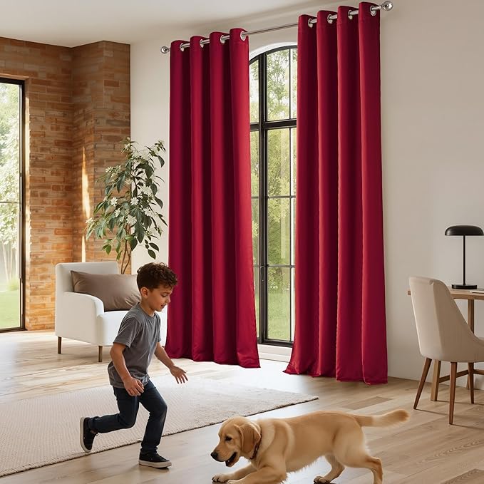 NICETOWN 100% Blackout Cold Blocking Curtains with Black Liner Backing, Thermal Insulated Satin Curtains for Living Room, Noise Reducing Drapes, Christmas Red, 52" x 84" Per Panel, Set of 2