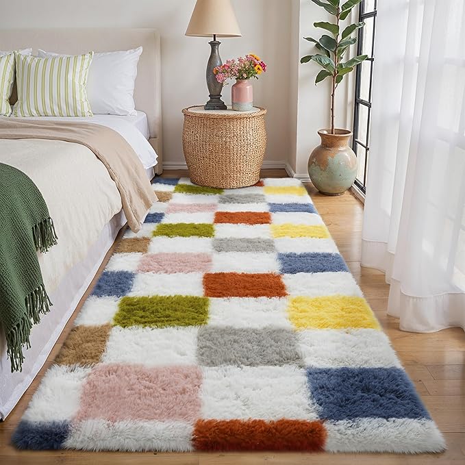 Checkered Area Rug 2x6 for Bedroom, Colorful Modern Shag Rug Super Soft Runner Carpet Washable Fluffy Rugs for Living Room Bedside Sofa Home Dorm Decor Aesthetic