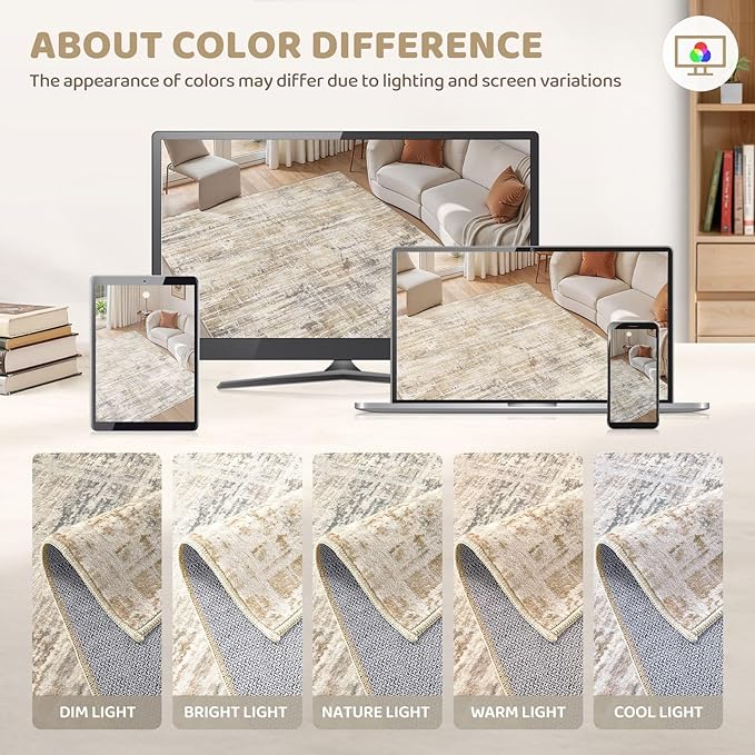 Area Rug for Living Room: 10x12 Washable Neutral Abstract Modern Soft Rugs Non Slip Indoor Floor Stain Resistant Large Carpet for Bedroom Dining Room Office Nursery - Golden Brown