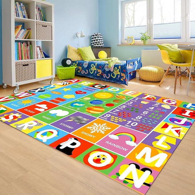 Alphabet Rug for Kids - Soft ABC Kids' Rug with Non-Slip Backing, Educational Playroom Carpet for Toddlers with Letters, Numbers & Shapes - 4'11" x 3'3"(Rectangular)