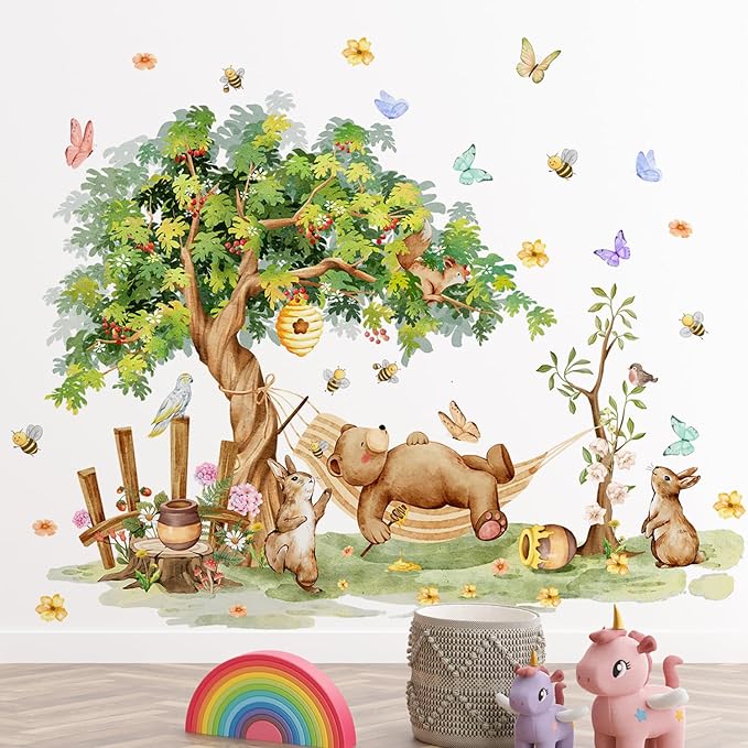 Amaonm Large Whimsical Tree Wall Decal with Woodland Animals, Birds, and Butterflies, Watercolor Green Tree Wall Sticker Decor for Girls Kids Bedroom Living Room Nursery Decoration (C)