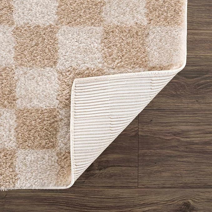 BoutiqueRugs Canika Modern Checkered Shag Rug - High Pile Fluffy Shaggy Carpet for Hallway, Nursery, Playroom, Girls Boys Room - Machine Washable - Peach, Beige - 7'10" x 10' (8x10)