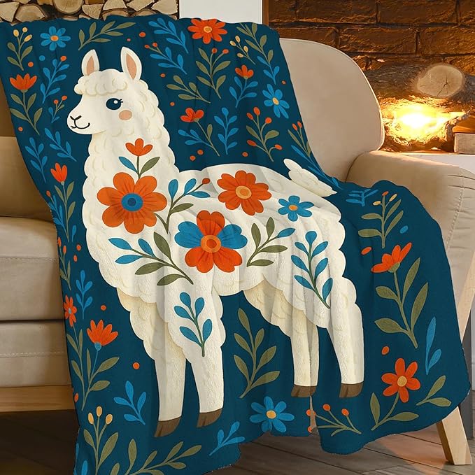 Alpaca Blanket Floral Boho Alpaca Llama Throw Blanket Soft Cozy Fleece Fuzzy Plush Warm Stuff Bedding Nursery Toddler Mexican Blankets Gifts for Boys Girls Kids Adult Men Women 60"X80"
