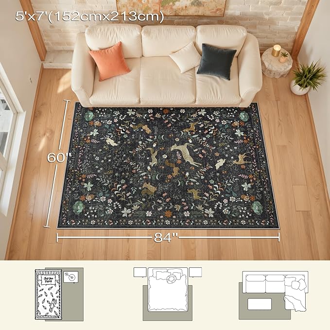 5x7 Area Rugs for Living Room Floral Animal Print Carpet Washable Non-Slip Large Rug Low Pile for Indoor Bedroom Dining Room Nursery Home Office Farmhouse Kids Play Room Black