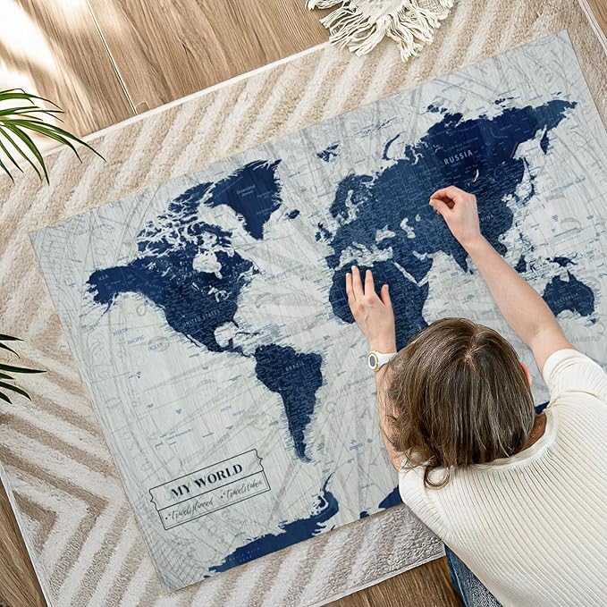 ElephantStock - My World Push Pin Map V Wall Art - Horizontal Canvas Wall Art - Living Room Wall Decor - Unique Map Canvas Art - Gray And Blue Decor - 48" x 32"