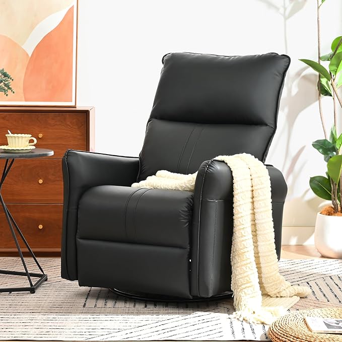 Swivel Rocker Recliner Chair, Upholstered 360° Fabric Leather Glider Rocker Chair for Nursery, Manual Small Recliners for Small Spaces Living Room Weight Capacity 300lbs