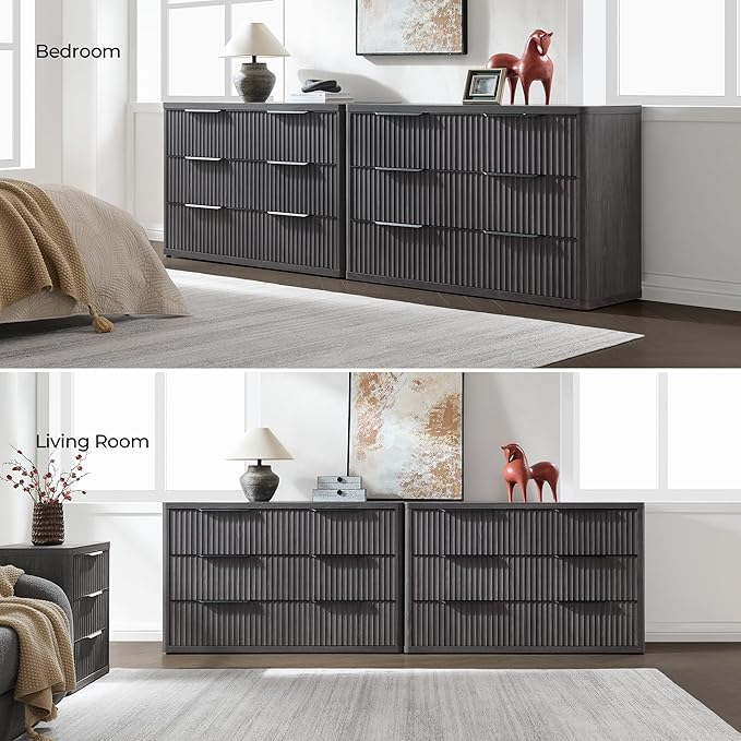 SICOTAS Dresser for Bedroom 107" Wide 6 Drawer Dressers & Chests of Drawers for Closet Long Large Modern TV Stand Set for Clothes Storage Fluted Clothes Closet for Hallway Entryway, Dark Grey Alder