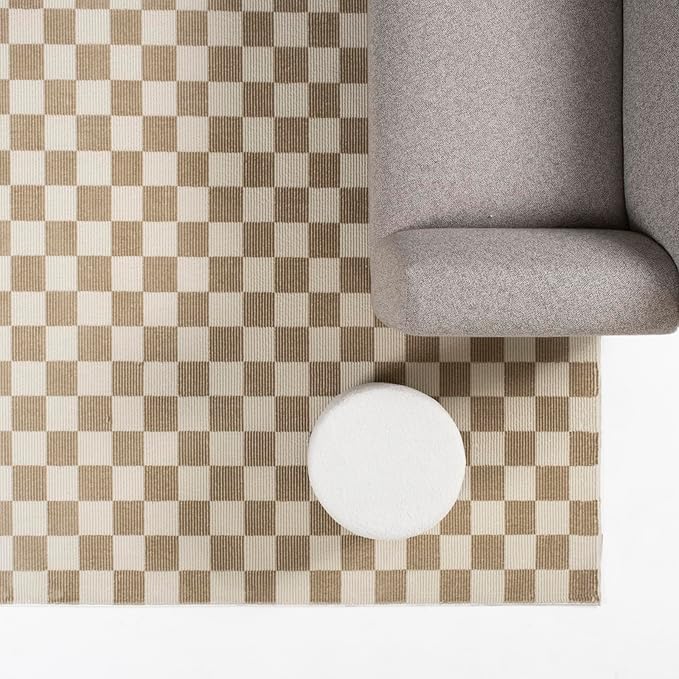 Revival Rugs Gambit 6'7"x9' Checkered Rug Washable Area Rug for Living Room Bedroom - 100% Recycled Oeko-TEX Certified, Medium Pile, Camel, Beige