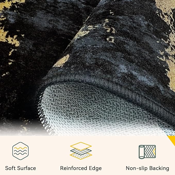 Washable Area Rugs 9'x12' Non-Slip Modern Abstract Soft for Living Room Entryway Bedroom Nursery, Print Pattern, Dark Black Gold