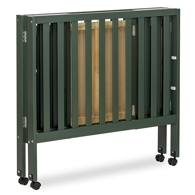 Dream On Me Jett Mini Folding Baby Crib in Olive, GreenGuard Gold & JPMA, Lightweight & Portable, Patented Flat Folding System for Small Spaces & Travel, 1.5” Mattress Pad, 3 Heights, Safe Wheels