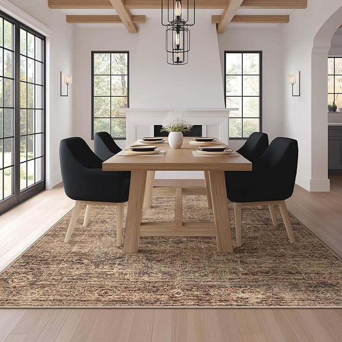 FMFUNCTEX 8x10 Washable Area Rug Rust Brown Vintage Neutral Distressed Oriental Large Non Slip Carpet for Living Room Bedroom Soft Low Pile Indoor Mat Retro Rug for Dining Room Kitchen Office Nursery