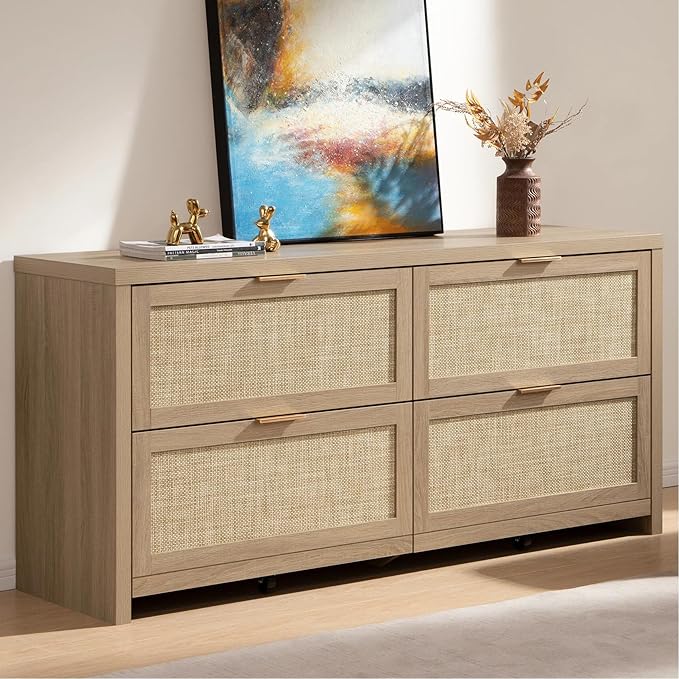 SICOTAS 60.8" Dresser for Bedroom, Rattan Boho Dresser with 4 Deep Drawers, Large Chest of Drawers for Closet,Nursery,Dressers TV Stand for Bedroom (Reclaimed Caramel Oak, 4 Drawers (1 pc))