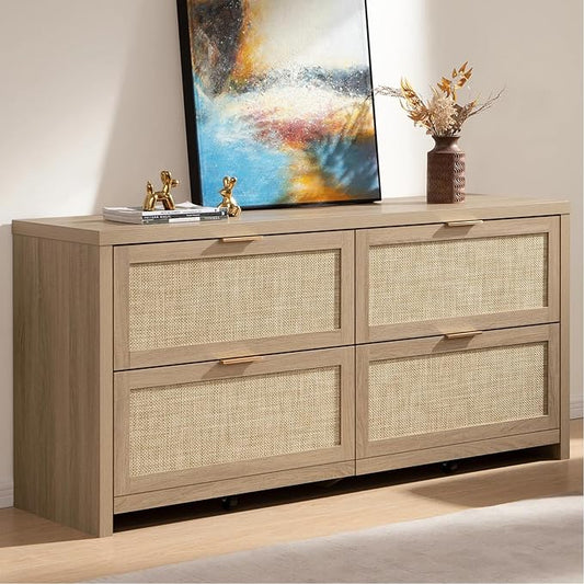 SICOTAS 60.8" Dresser for Bedroom, Rattan Boho Dresser with 4 Deep Drawers, Large Chest of Drawers for Closet,Nursery,Dressers TV Stand for Bedroom (Reclaimed Caramel Oak, 4 Drawers (1 pc))