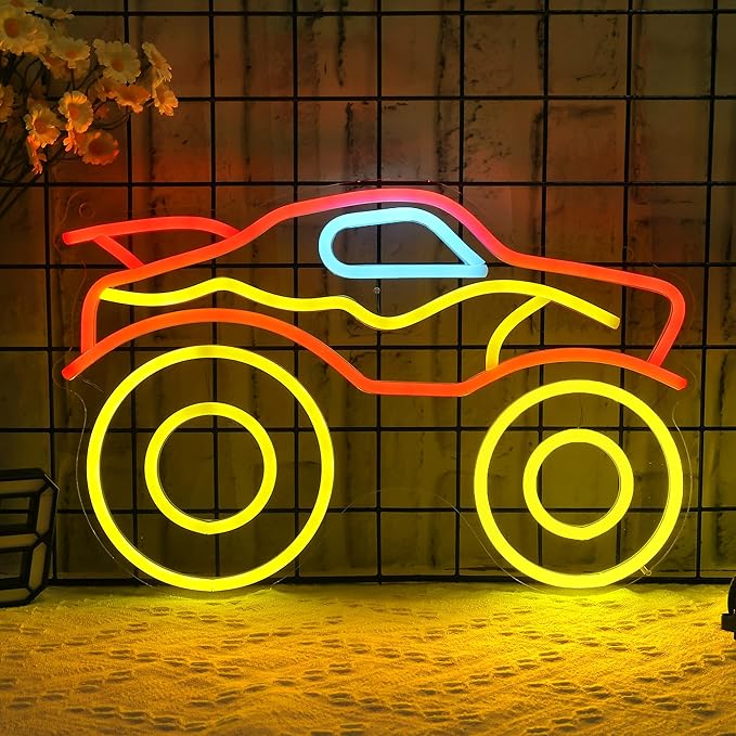 Monster Truck Neon Light, Dimmable LED Truck Neon Wall Sign USB Powered with 4-Color Lights, for Bedroom Living Room Game Room Man Cave Home Birthday Gift for Boys Men