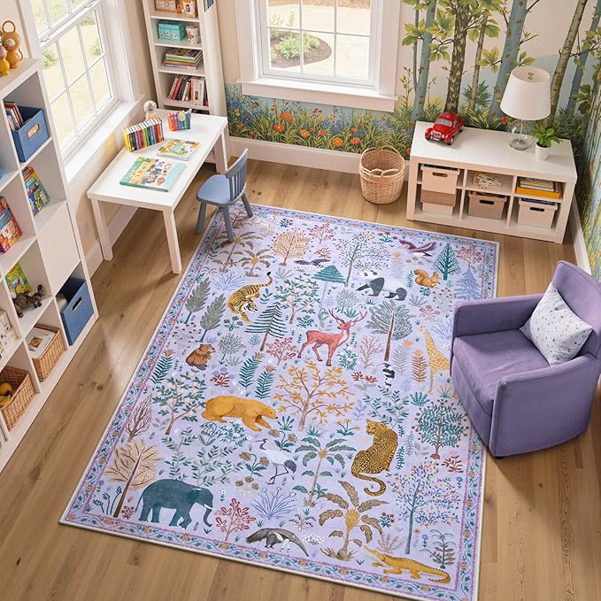 OJIA Animal Print Nursery Rugs Washable Area Rugs 5'x7', Soft Kids Room Rug Ultra-Thin Non-Slip Modern Living Room Carpet, Stain Resistant Throw Carpet for Bedroom Playroom Dining Room