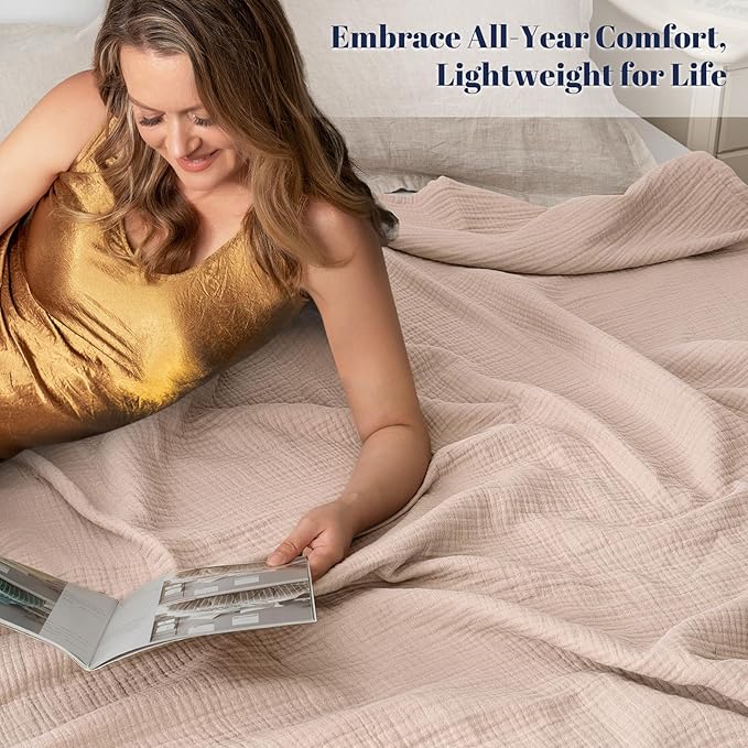 PHF 100% Cotton Muslin Blanket Twin XL Size 66"x90", 4-Layer Lightweight Gauze Throw, Breathable Cloud-Soft Minimalist Blanket for Bed, Couch, Camping & Baby, Dusty Pink, Ideal Gift