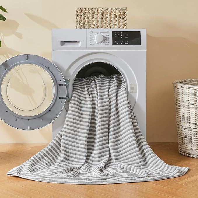 EMME Cotton Muslin Twin Blanket Breathable Gauze Soft Lightweight Adults Gifts for Women (Striped Grey, 60"x80")