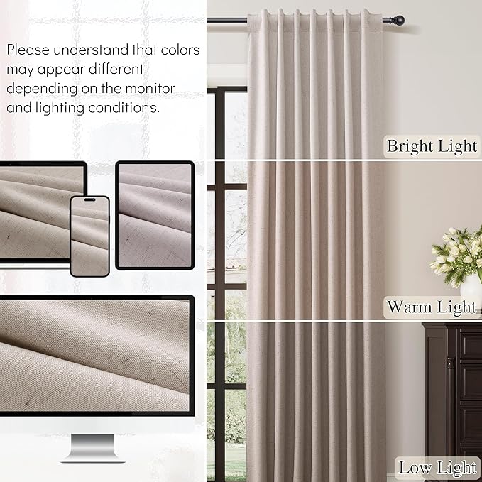 Guken Apricot Linen 100% Black Out Curtains for Bedroom Windows 96 Inch Length 2 Panels Set Hook Belt Linen Textured Light Blocking Thermal Insulated Curtains for Living Room Apricotbuff 52x96 8Ft