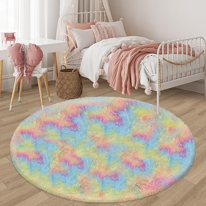 6 ft Large Fluffy Round Rug for Girls Bedroom,Soft Shaggy Rainbow Rugs Plush Fuzzy Circle Area Rug for Living Room Cute Kids Playroom Room Baby Toddler Nursery Colorful Home Decor Aesthetic