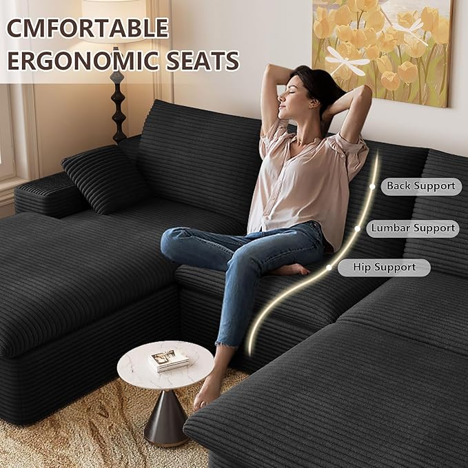 107" Cloud Modular Sectional Sofa with 1 Ottoman, Modern Upholstered Corduroy Couches, Comfort U Shaped Sofa for Living Room, Deep Seat Boneless Couch, No Assembly Required(Black,Left Facing Chaise)