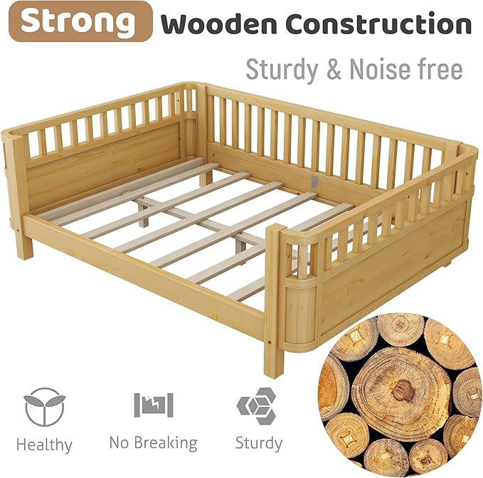 Full Size Bed Frame Kids with Rails, Wood Montessori Bed Full with Slats Support, Modern Daybed Low to Ground with Removable Bed Rails for Girls Boys Bedroom Living Room, Natural