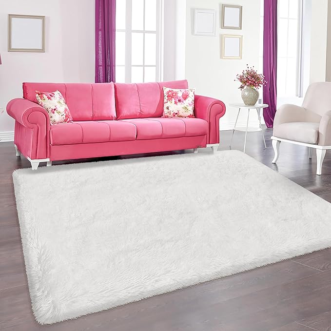 Soft Fluffy White Rug for Bedroom Living Room, 4x6 Furry Cream Area Rug Soft Fuzzy Shag Carpet for Boys Girls Room Dorm Dresser Bedside, Plush Thick Throw Kids Shaggy Rug Non-Slip for Nursery