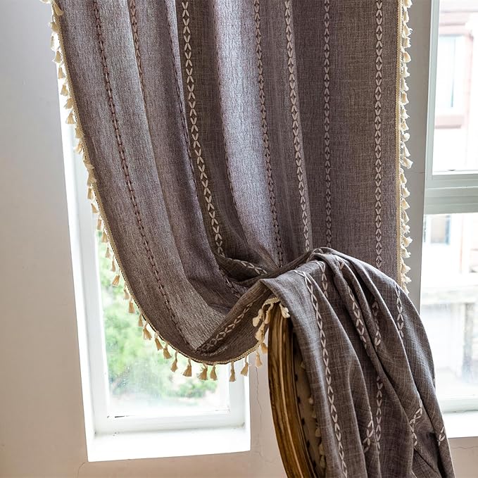 Deeprove Brown Boho Curtains 84 inches Long for Bedroom Living Room, Dark Coffee Bohemian 84 inches Length Embroidery Cottage Farmhouse Privacy Style Tassel Window Treatments, 1 Panel W52 x L84
