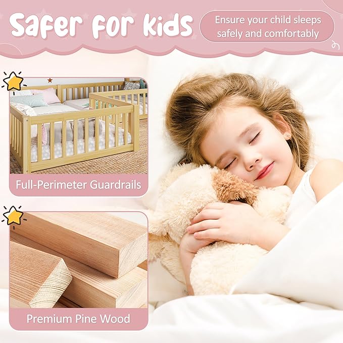 Harper & Bright Designs Twin Size House Shaped Double Floor Bed with Door and Full-Length Guardrails, Solid Wood Kids Montessori Floor Bed for Girls Boys, Multi-Function, Natural