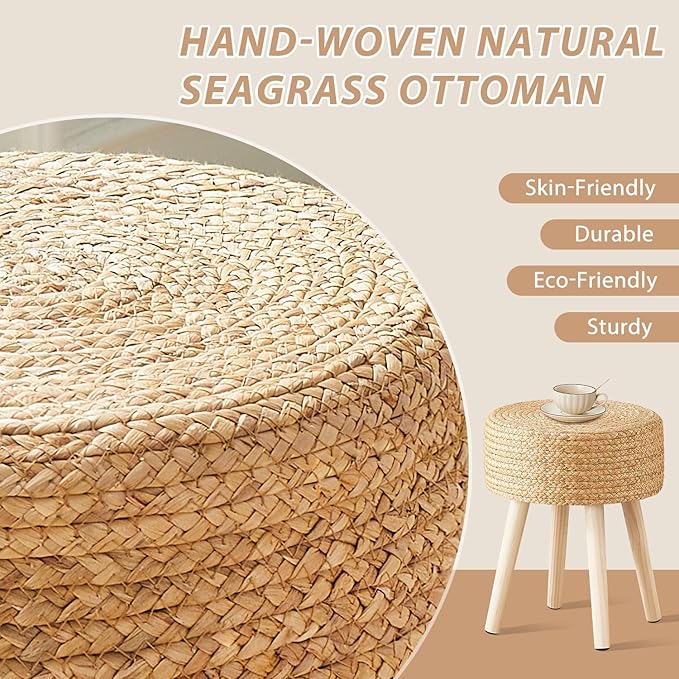 Cpintltr Round Ottoman Footstool Foot Stool Pouf Ottomans with Solid Wood Legs Hand Weave Hyacinth Footrest Step Stool for Living Room Balcony Garden Natural Hyacinth Seagrass