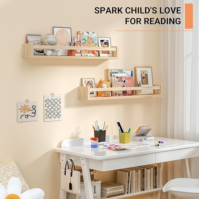 Heimlove Nursery Floating Shelves, Solid Wood Nursery Book Shelves for Wall, 32 inch Bookshelf for Kids, Wall Mounted Shelves for Books, Toys and Decor Storage, Set of 3