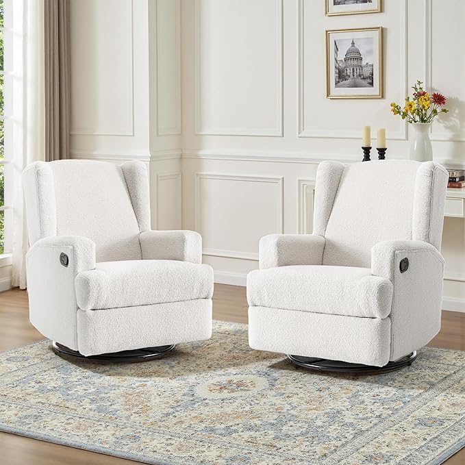 UIXE Swivel Glider Recliner Chairs Set of 2, Boucle High Back Accent Chair Nursery Rocker for Living Room, Upholstered Manual Reclining Sofa Seating with Deep Seat - Beige