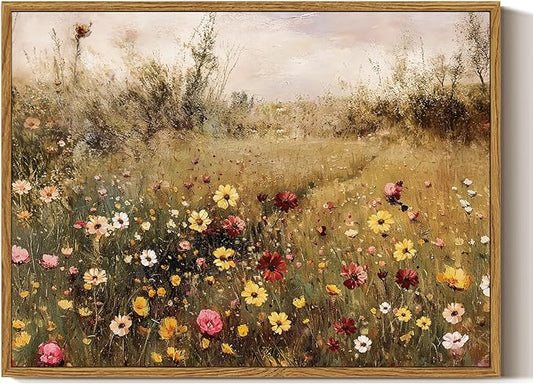 ARPEOTCY Vintage Framed Canvas Wall Art, 12x16inch, Meadow with Flowers Landscape Paintings, Classical Wildflower Field Scene Prints Decor, Hanging Wall Decor for Living Room Bedroom Office