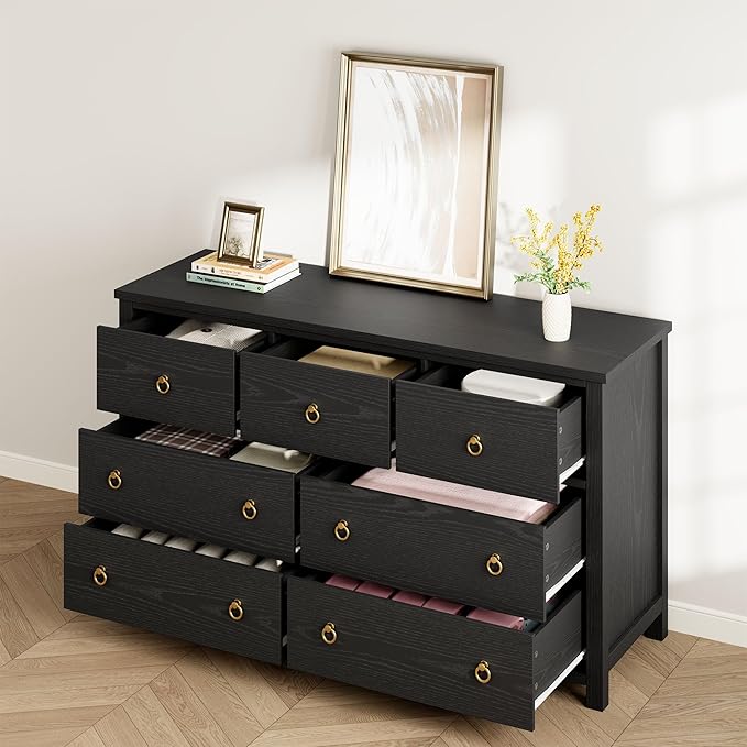 IDEALHOUSE Dresser for Bedroom with 7 Drawers, 54'' Wide Chest of Drawers with Large Clothes Storage Cabinet, Wood Bedroom Dresser, TV Stand for Nursery, Living Room, Hallway, Black