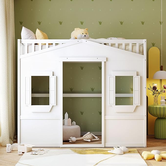Twin Size Loft Bed with Safety Guardrail for Kids Boys Girls, Playhouse Design Solid Wood Loft Bed Frame with Ladder and Windows, Strong Wood Slats Support, Space-Saving (White)