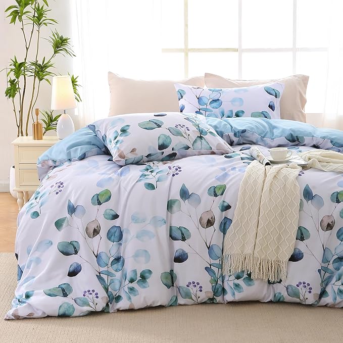 MUXHOMO Duvet Cover Queen Size, Reversible Floral Blue Duvet Cover Set with Zipper Closure, 3 Pieces Botanical Patterns Soft Microfiber Bedding Set with 4 Ties (90"x90", 2 Pillow Cases)
