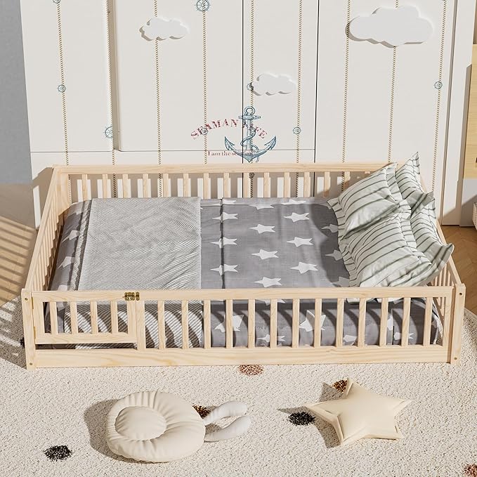 i-POOK Queen Floor Bed for Children, Sturdy Wood Montessori Bed Frame with Wood Slats, High Fence & Small Door, Montessori Floor Bed for Girls and Boys, Natural