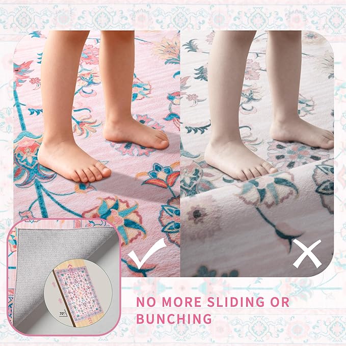 Tangsoo 3x5 Pink Small Area Rug for Bedroom Girls, Non Slip Washable Cute Floral Rug for Nursery Bedside, Soft Low Pile Front Door Carpet Indoor Entrance Inside House Bathroom Classroom Teen Room