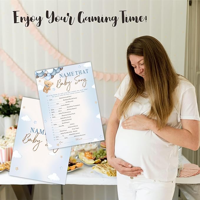 30 Name That Baby Song Game Cards For Baby Shower Game & Activity - Bear & Balloons - Mommy Or Daddy Double-Sided Fill In Game Cards, Gender Reveal Game For Baby Shower Party Favors & Decorations-C01