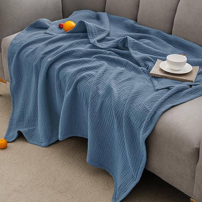 PHF 100% Cotton Muslin Throw Blanket 50" x 60", 4-Layer Lightweight Gauze Throw, Breathable Cloud-Soft Minimalist Blanket for Bed, Couch, Camping & Baby, Denim Blue, Ideal Gift