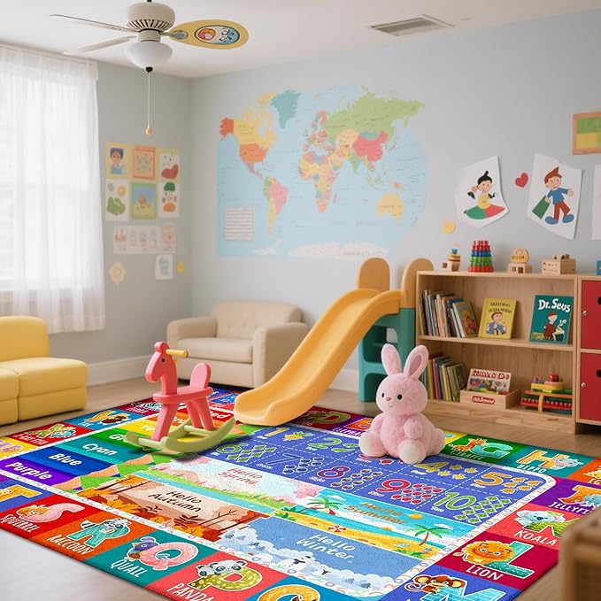 Kids Classroom & Playroom Rug - ABC Alphabet Educational Area Rug with Animals Colors & Numbers - Washable Non-Slip Carpet Playmat for Nursery Preschool & Reading Area 4x6 Feet
