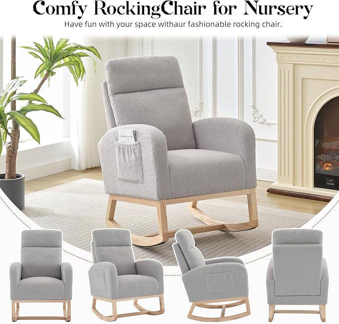 Rocking Chair Nursery, Modern Upholstered Glider Rocker with Side Pocket, Upholstered Lounge Chair with Solid Wood Base for Relaxin, for Living Room, Bedroom