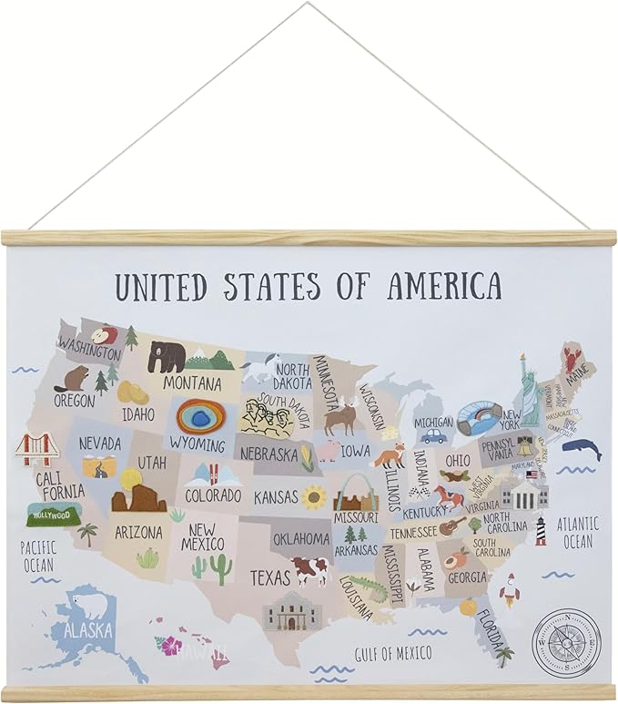 Bon et Beau 32 x 24 Inch Embroidered USA Map Poster for Kids with Wood Hanger – Neutral Wall Décor for Boys and Girls Nursery, Bedroom and Playroom