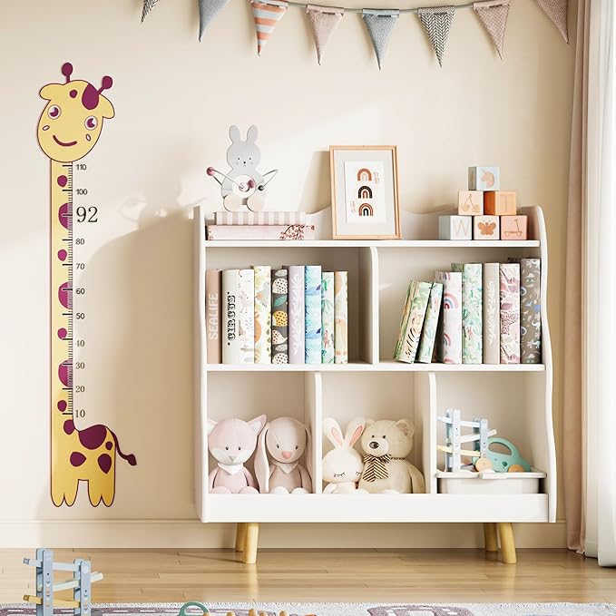Treocho Kids Bookshelf and Toy Storage Orangizer, 3-Tier Wooden Children's Bookcase with Curve Design, 5 Cubbies Toy Storage Cabinet Display with Legs for Children's Room, Playroom, School, White