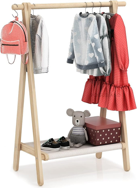 Dress up Rack, Child Garment Rack, Kids Clothing Rack with Storage Shelf (Natural Beech, 29.5" L x 14.5" W x 40" H)