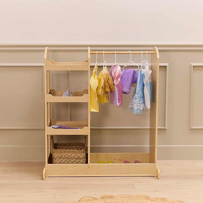 Double-Sided Dress-Up Center with Mirror, Clothes Rack, Natural