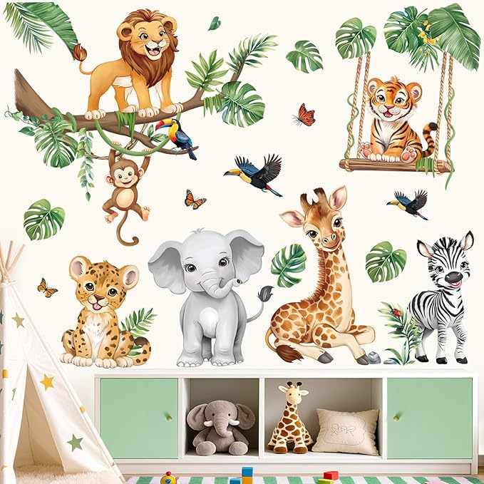 decalmile Safari Animals Wall Stickers Jungle Tree Branch Tropical Leaves Elephant Lion Wall Decals Baby Nursery Kids Bedroom Playroom Home Decor