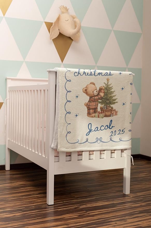 Personalized Baby's First Christmas Blanket, Custom Doodle Bear Boy Baby Name Christmas Blanket, Soft Fleece Or Sherpa Throw, Baby Shower, Made in USA