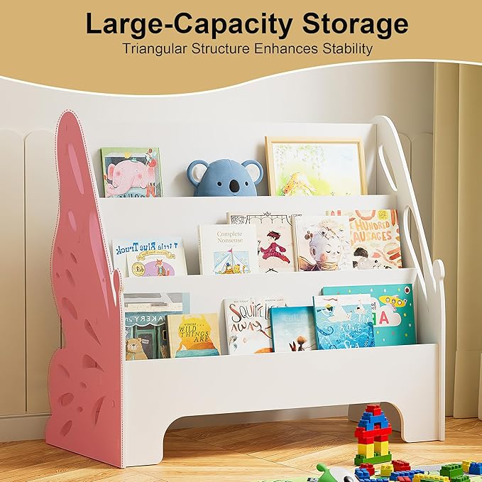 3 Tier Butterfly Kids Bookshelf - Nursery Bookshelf for Storage Organizer, Free Standing Baby Bookcase for Kids Rooms, Children Bookcase for Playing Room, Bedroom, Nursery, Classroom, White.